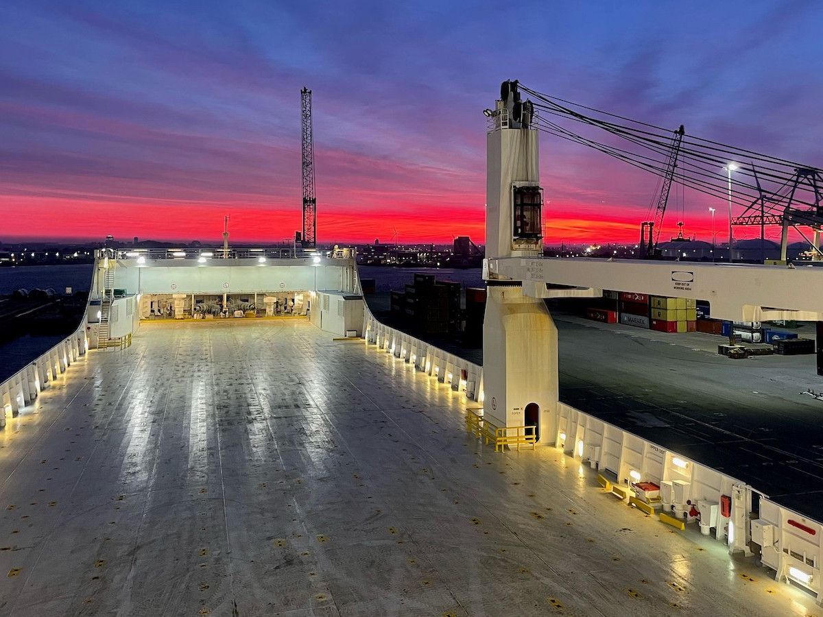 Deck of New Amsterdam, RoRo vessel with beautiful skyline